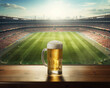 © tohceenilas - A refreshing glass of beer placed on a wooden table overlooking a vibrant stadium during a sunny day.