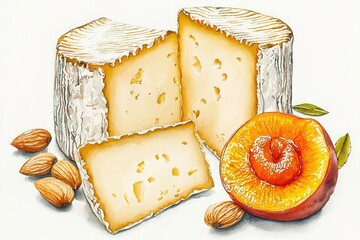 Manchego cheese, firm manchego with quince paste and almonds, Spanish delight, Watercolor style