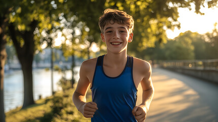 Young teenage boy jogging on a tree-lined pathway by a river during sunrise, wearing a blue tank top with sunlit trees and a lake in the background, copy space.