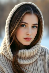 Wall Mural - Portrait of a Young Woman in a Cozy Knitted Hood