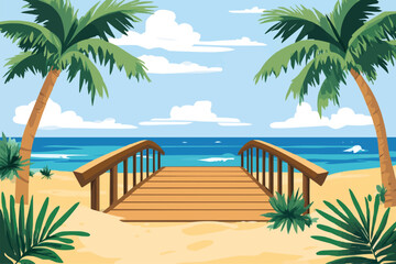 Wall Mural - Beach with palm trees and a wooden bridge over the sea background vector illustration