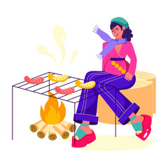 Poster - Woman enjoying winter bbq party, flat illustration 