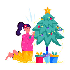 Wall Mural - Girl decorating christmas tree with lights, flat illustration 