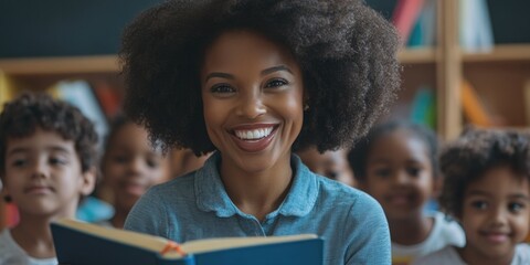A woman smiles as she reads a book, a quiet moment of relaxation