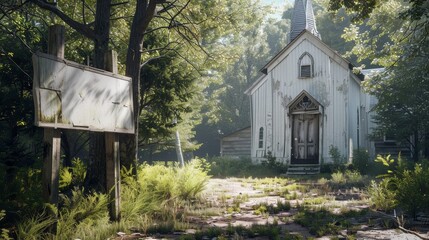 Old church building and white sign amidst natural elements, embracing a down to earth vibe