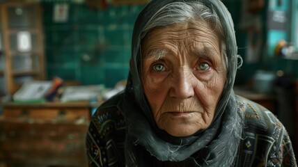 Wall Mural - Close-up portrait of an elderly Abkhazian female teacher.