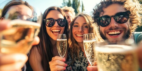 Group of friends or family gathered to celebrate with champagne, perfect for party or special occasion