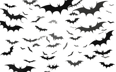 Wall Mural - Black silhouette of bats isolated on transparent background. Halloween traditional design element. Vector illustration