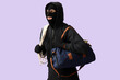© Pixel-Shot - Male thief with bag and rope on lilac background