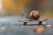 © Jam - Snail on a skateboard, representing out-of-the-box solutions to slow processes and acceleration of tasks. Ideal for business, innovation, and creative problem-solving imagery