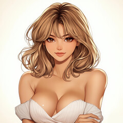 Poster - A stunning anime woman with shoulderlength dirty blonde hair and captivating brown eyes, rendered in niji style.