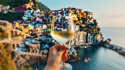 glass of white wine with italian coastal village in background
