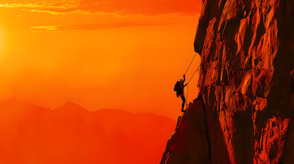 Rock climber rappelling down after reaching the top of a challenging cliff face against an orange twilight sky.