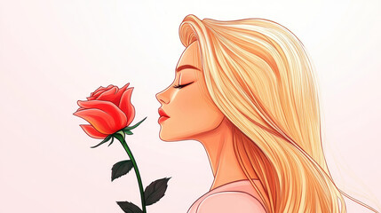 Wall Mural - A stunning portrait of a girl with long blonde hair, adorned with a rose, captured in a vibrant watercolor style.