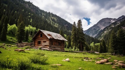 Canvas Print - Old cabin set in serene mountain valley