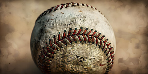 Poster - A textured close-up of an old, used baseball with visible stitching and scuffs on a vintage-looking background