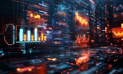 Futuristic Data Center with glowing digital displays