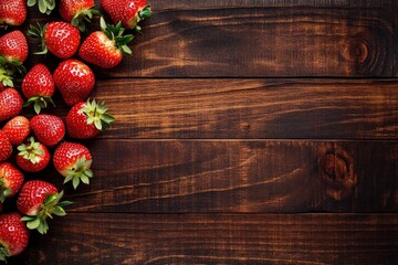 top view of wooden table strawberry fruit composition, one color background and copy space with generative ai