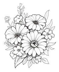 flower outline illustration coloring book page design, flower black and white line art drawing coloring book pages for children and adults,Line art garden flowers set. Botanical illustration