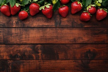 top view of wooden table strawberry fruit composition, one color background and copy space with generative ai