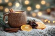 © julija - cozy winter scene steaming mulled wine in rustic mug orange slices and cinnamon sticks soft fairy lights bokeh snowcovered pine branches