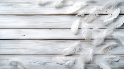 Wall Mural - white feathers scattered on a rustic wooden surface, evoking a feeling of departure, more clarity wi