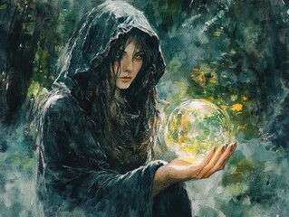 Ethereal sorceress wreathed in flowing robes holds a glowing crystal ball aloft divining the future within the depths of a dark enchanted forest  This mystical