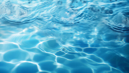 Wall Mural - Blue water with ripples on the surface. Defocus blurred transparent blue colored clear calm water surface texture with splashes and bubbles. Water waves with shining pattern texture background.