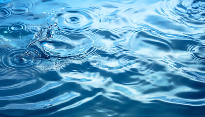 Wall Mural - Blue water with ripples on the surface. Defocus blurred transparent blue colored clear calm water surface texture with splashes and bubbles. Water waves with shining pattern texture background.