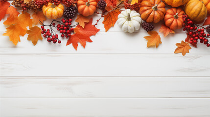 Sticker - Fall Harvest Scene With Small Pumpkins And Berries On A White Wooden Background Perfect For Autumn Celebrations And Decorations