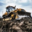 © jitthanant - Bulldozer pushing dirt at a reservoir construction site, water project Strong and rugged, effective and durable, civil engineering