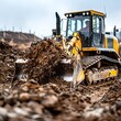 © jitthanant - Bulldozer pushing dirt at a reservoir construction site, water project Strong and rugged, effective and durable, civil engineering