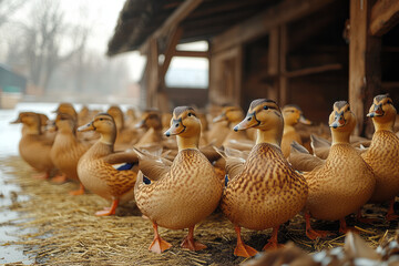 A flock of ducks waddling through a farmyard, quacking happily and flapping their wings,