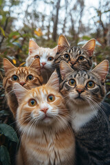 Wall Mural - Close-up of four cats, featuring a Burmese, Siamese, Maine Coon, and Ragdoll, capturing a fun selfie moment,