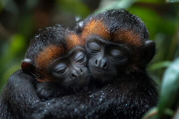 Poster - A family of woolly monkeys grooming each other, enjoying the close-knit community,