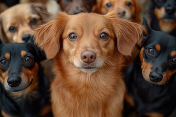 Wall Mural - Close-up of a group of dogs, including a Golden Retriever, Terrier, Spaniel, and Chihuahua, staring into the camera,