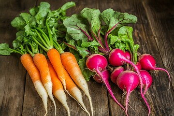 Wall Mural - Fresh Carrots and Red Radishes on a Rustic Wooden Surface