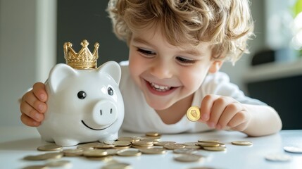 Happy child placing coins into a piggy bank with a crown, symbolizing early financial education, savings, and future wealth.