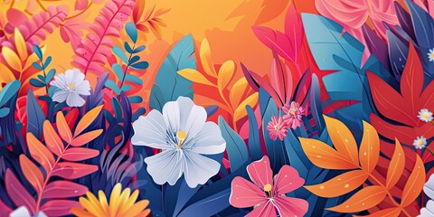 Wall Mural - Colorful floral pattern with vibrant leaves.