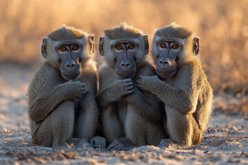 Wall Mural - A troop of baboons grooming each other, enjoying the warmth of the savannah sun,