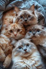 Wall Mural - Detailed view of four cats, featuring a Burmese, Siamese, Maine Coon, and Ragdoll, looking down into the camera for a group selfie,