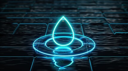 A vibrant neon blue water drop icon, appearing as a glowing liquid on a high-tech black floor, isolated on black. 3D Render.