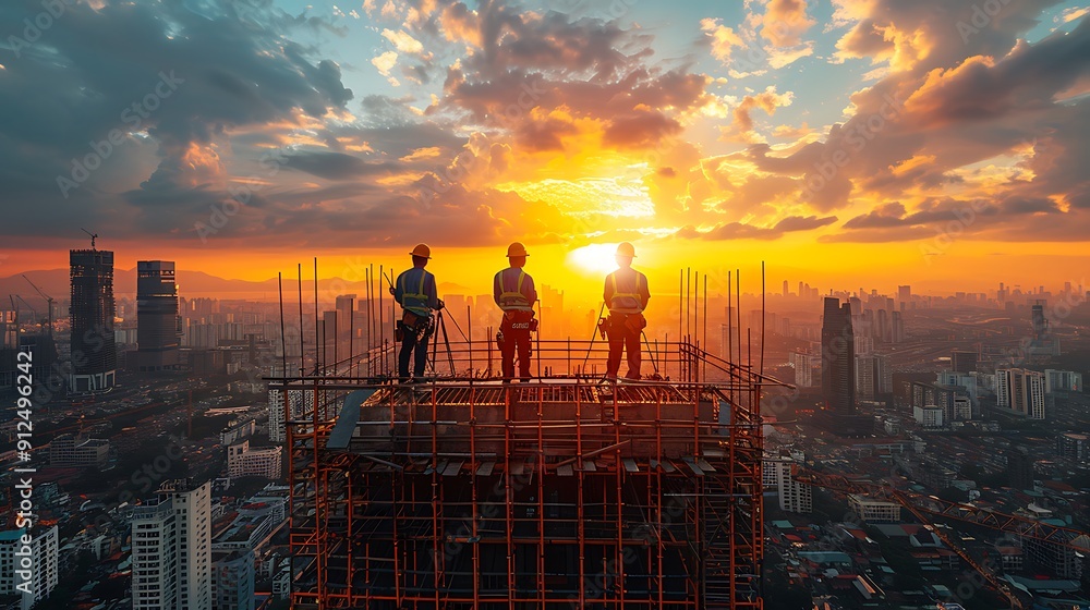 An aerial view of construction workers conducting structural ...