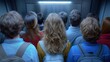 © YURY YUTY - People standing close together in a crowded elevator, viewed from behind, with diverse clothing and backpacks.