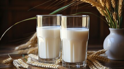 Poster - Alternative oat milk background with glass of milk  