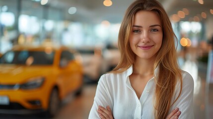 A smiling woman stands in a bright car showroom, with a yellow vehicle in the background and blurred lights.