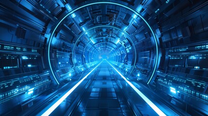 Wall Mural - A futuristic tunnel emitting bright blue light, creating an immersive sense of speed and advanced technology.