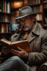 Wall Mural - A man smoking a pipe while reading a book in a cozy, vintage-inspired library,