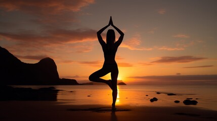 Sticker - Silhouette person yoga beach sunrise