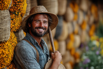 Wall Mural - A smiling farmer holding a pitchfork against a vibrant yellow background, radiating happiness,